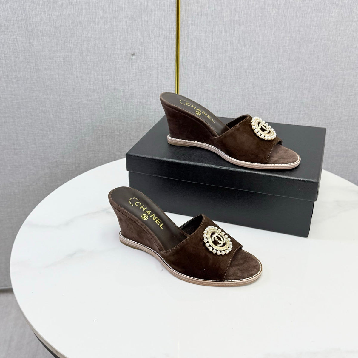 CC 26s Wedge Heels In Dark Brown Suede With CC Pearl Embellished