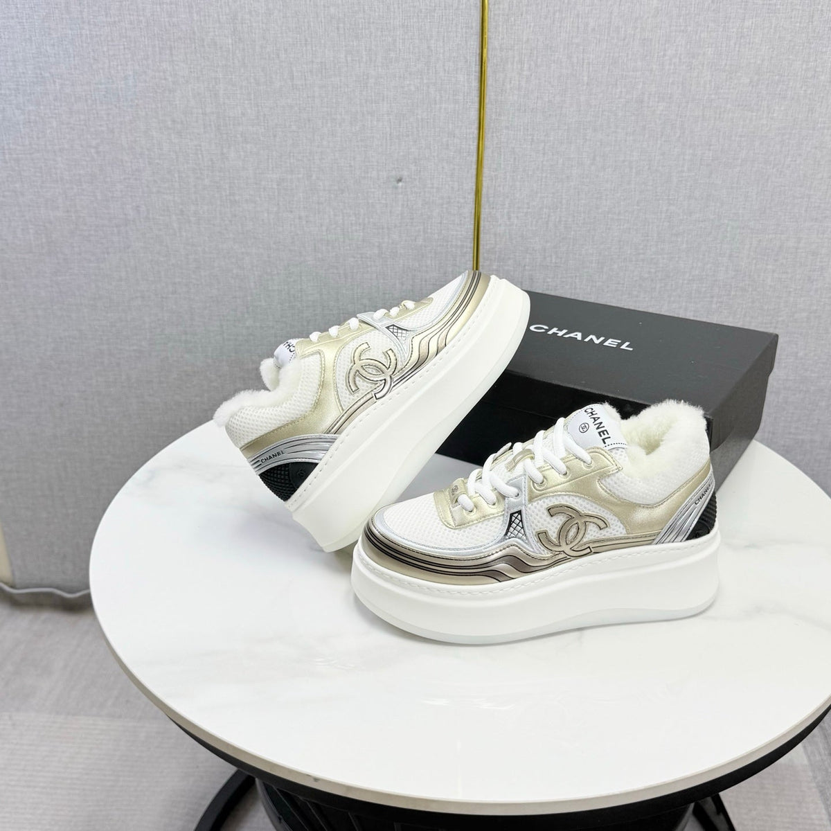 CC 26s Platform Sneakers Light Gold White Quilted Calfskin Shearling 972888