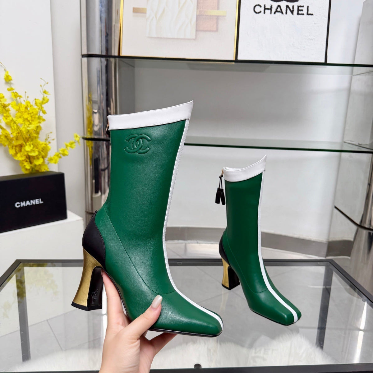 CC 26 FW Ankle Boots 8.5cm Green White Sheepskin 919944