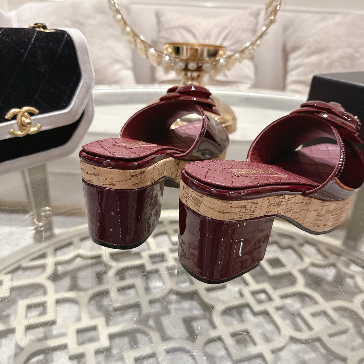 CC 26s Camellia Platform Slippers 65 Dark Red Patent Leather 627041
