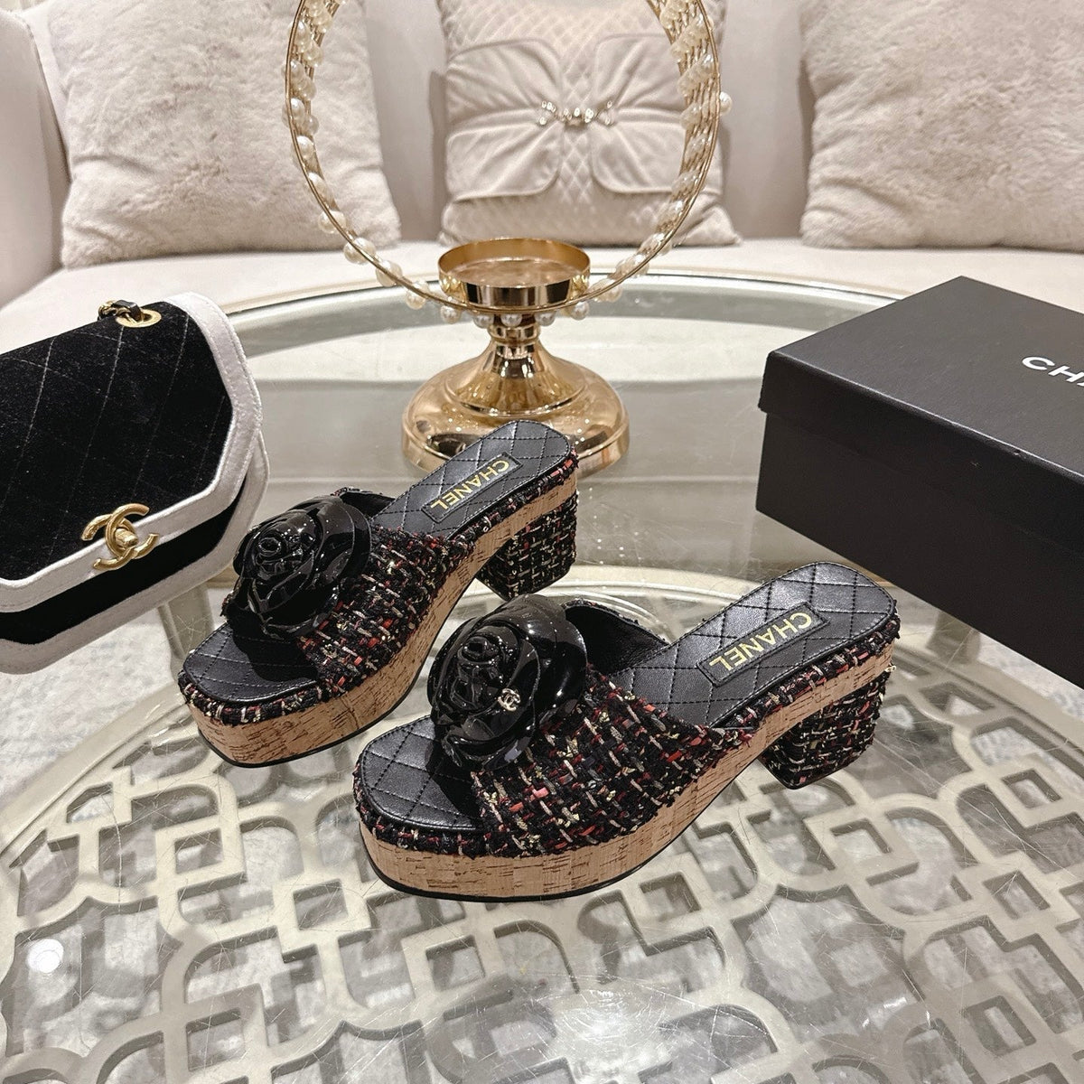 CC 26s Camellia Platform Slippers 65 Black Multicolor Tweed Leather 627052