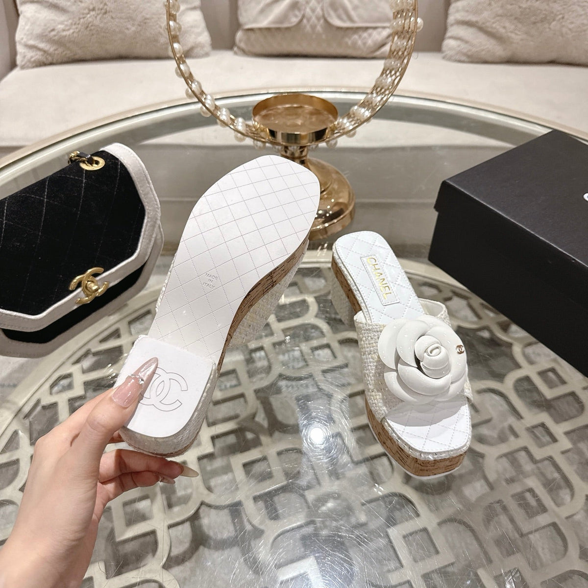 CC 26s Camellia Platform Slippers 65 White Tweed Leather 627054
