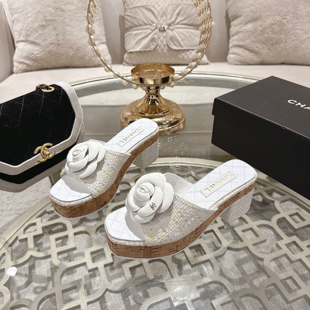 CC 26s Camellia Platform Slippers 65 White Tweed Leather 627054