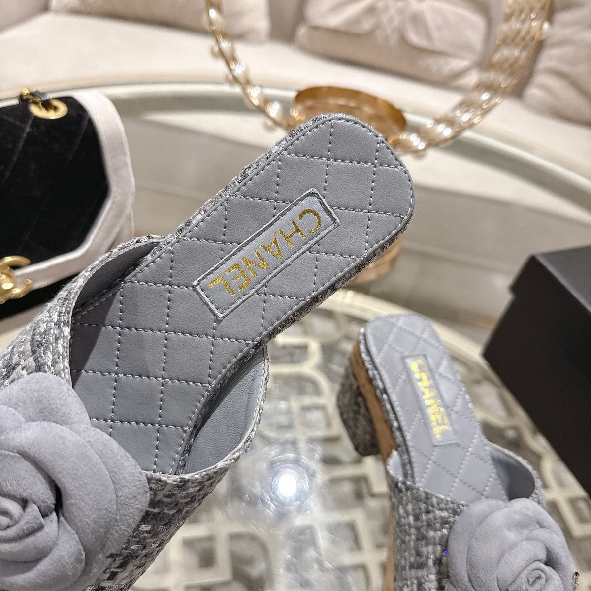 CC 26s Camellia Platform Slippers 65 Light Blue Grey Tweed Leather 627056