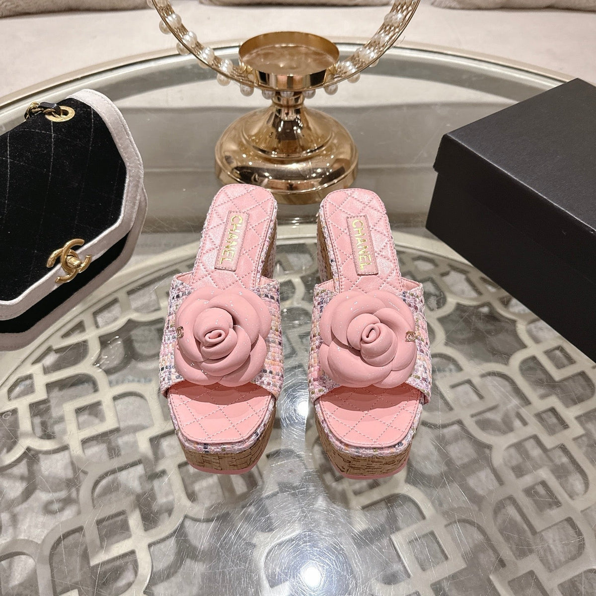 CC 26s Camellia Platform Slippers 65 Pink Tweed Leather 627057
