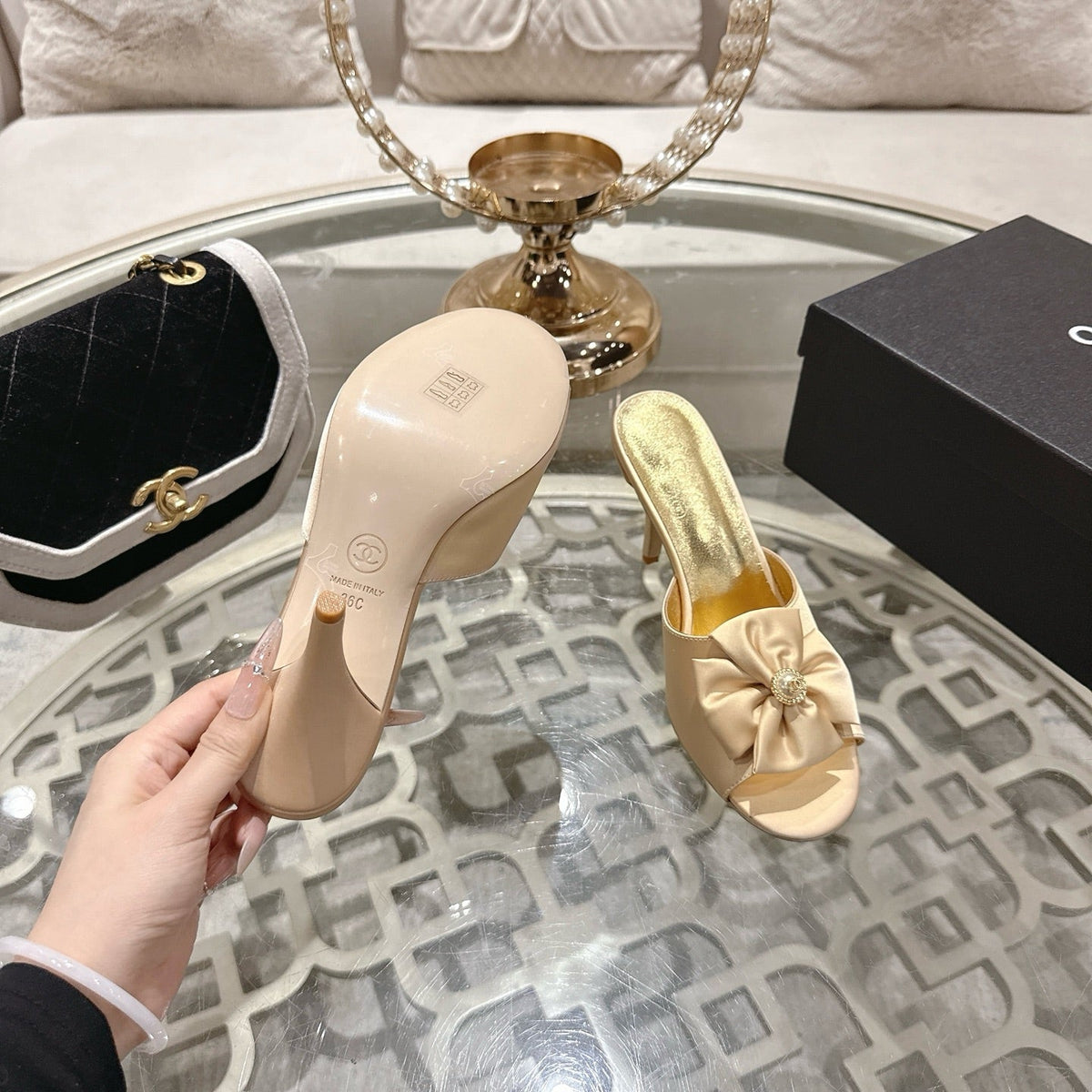 CC 26s Camellia High-Heeled Slippers Sheepskin