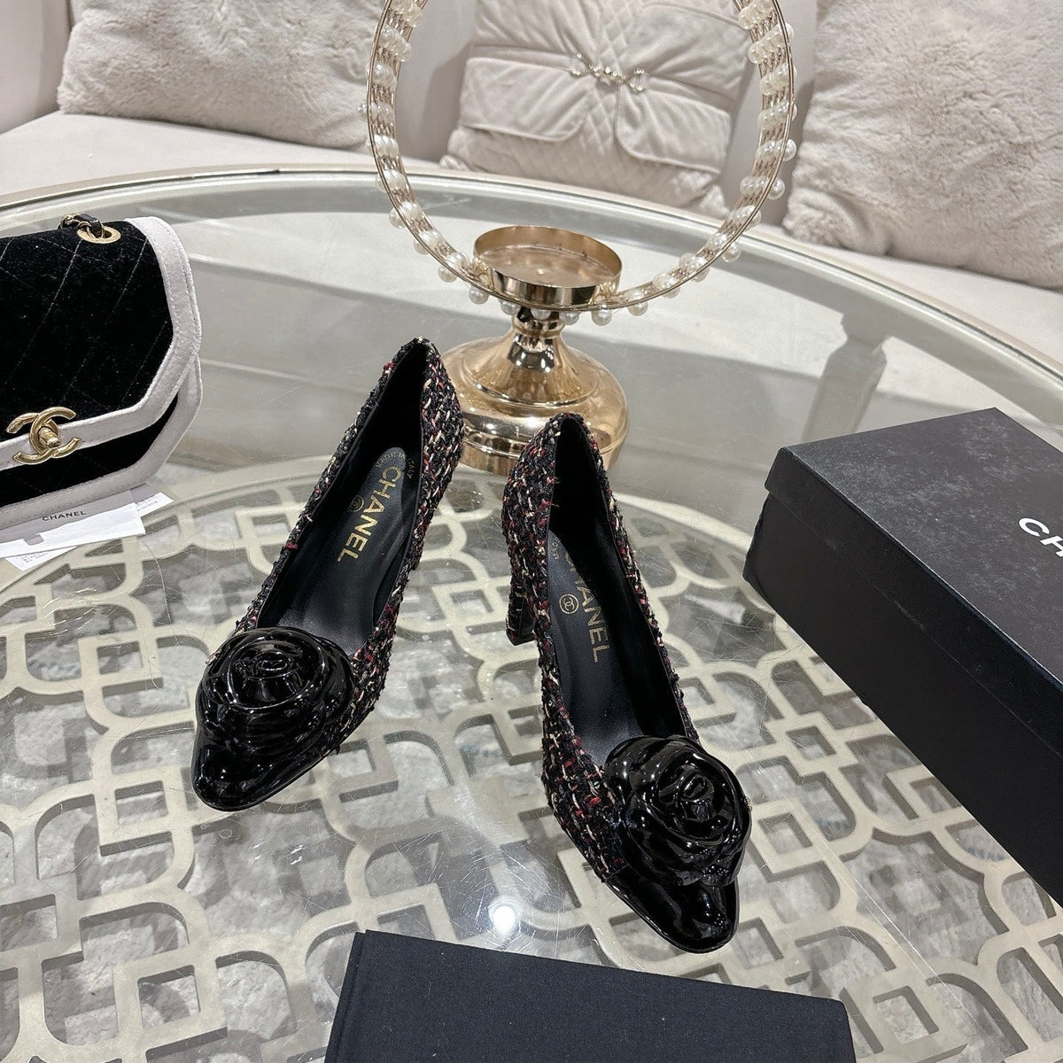 CC 26s High Heels Pump 85 Black Colorful Wool Fabric 627014