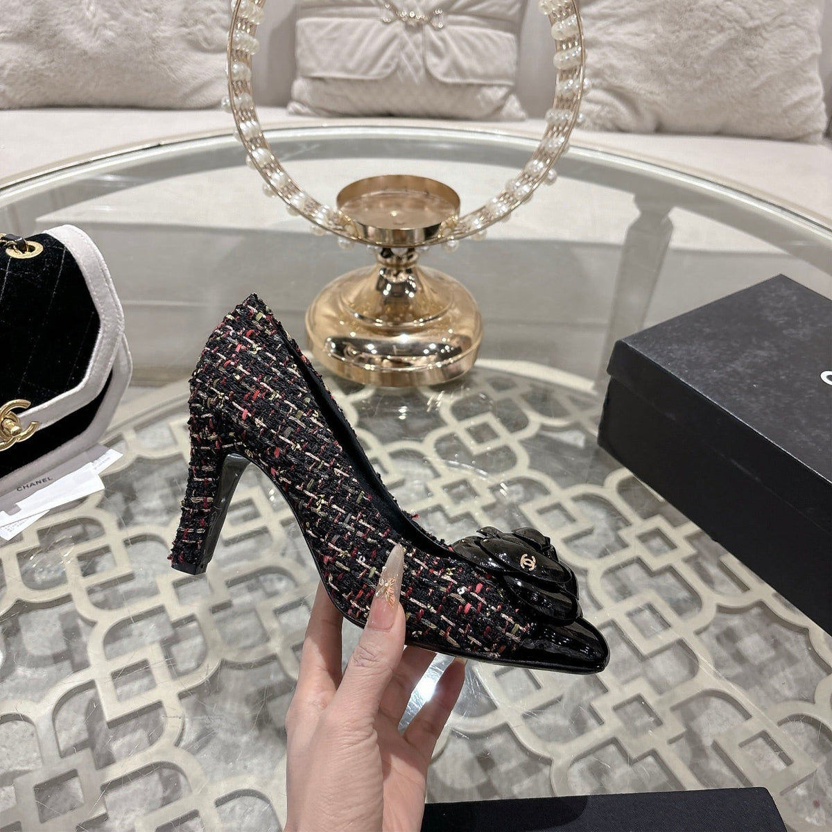 CC 26s High Heels Pump 85 Black Colorful Wool Fabric 627014