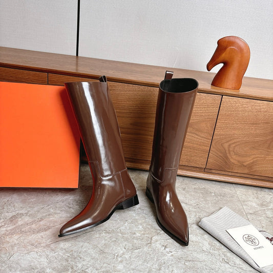 HM FW Pointed-Toe Riding Boots Brown Patent Leather 541260