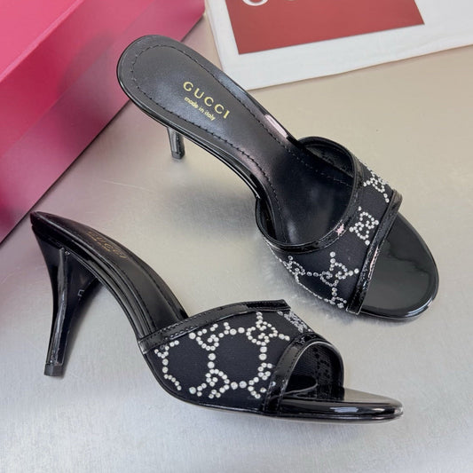 Gucci 2026 Erin GG Embellished Leather-trimmed Mules Black Mesh Leather