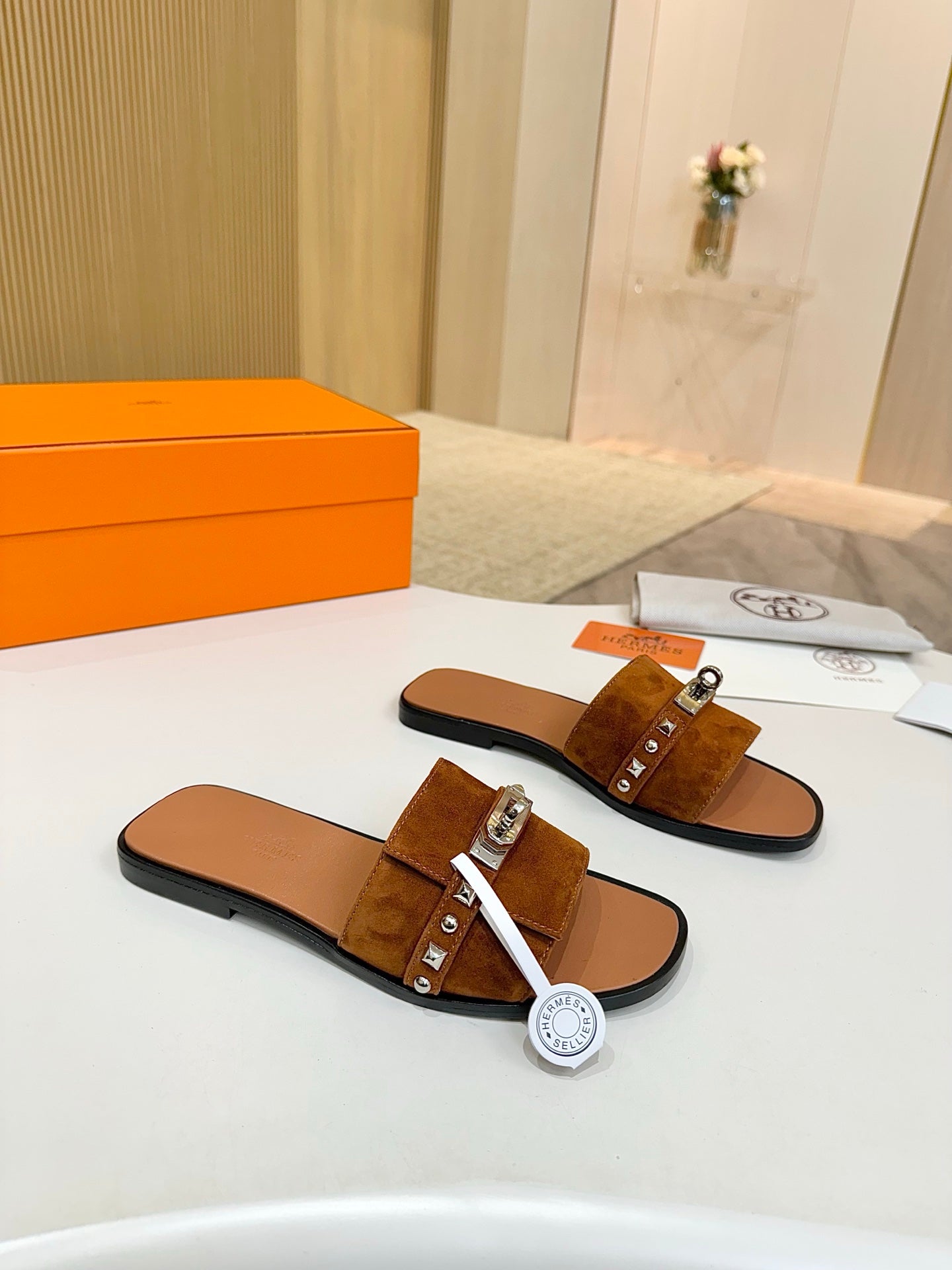 HM 26s Giulia Sandal In Caramel Brown Suede And Calfskin Silver Hardware