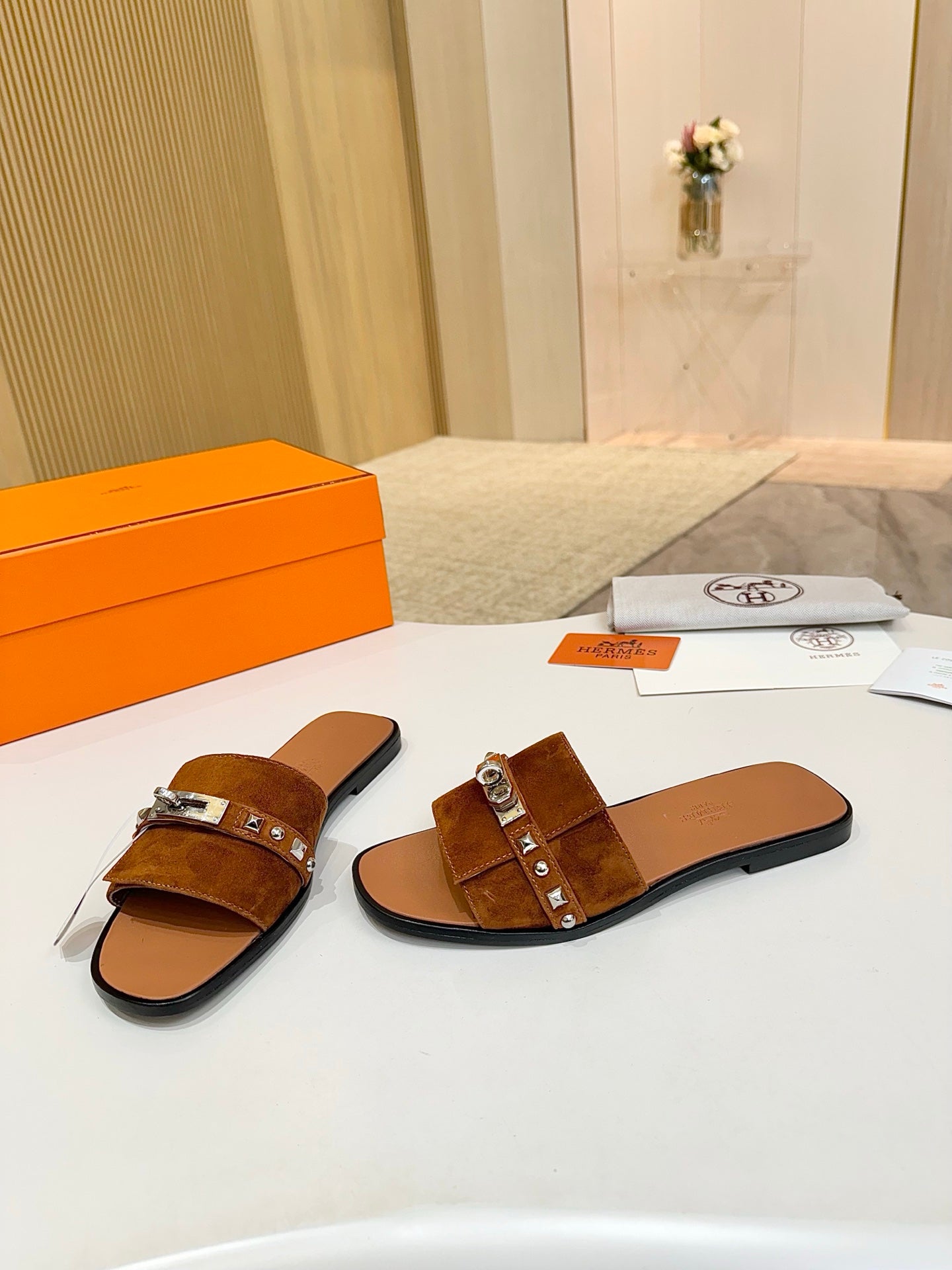 HM 26s Giulia Sandal In Caramel Brown Suede And Calfskin Silver Hardware
