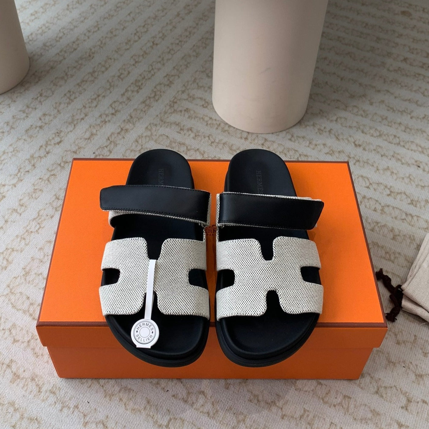 chypre sandal white canvas black calfskin