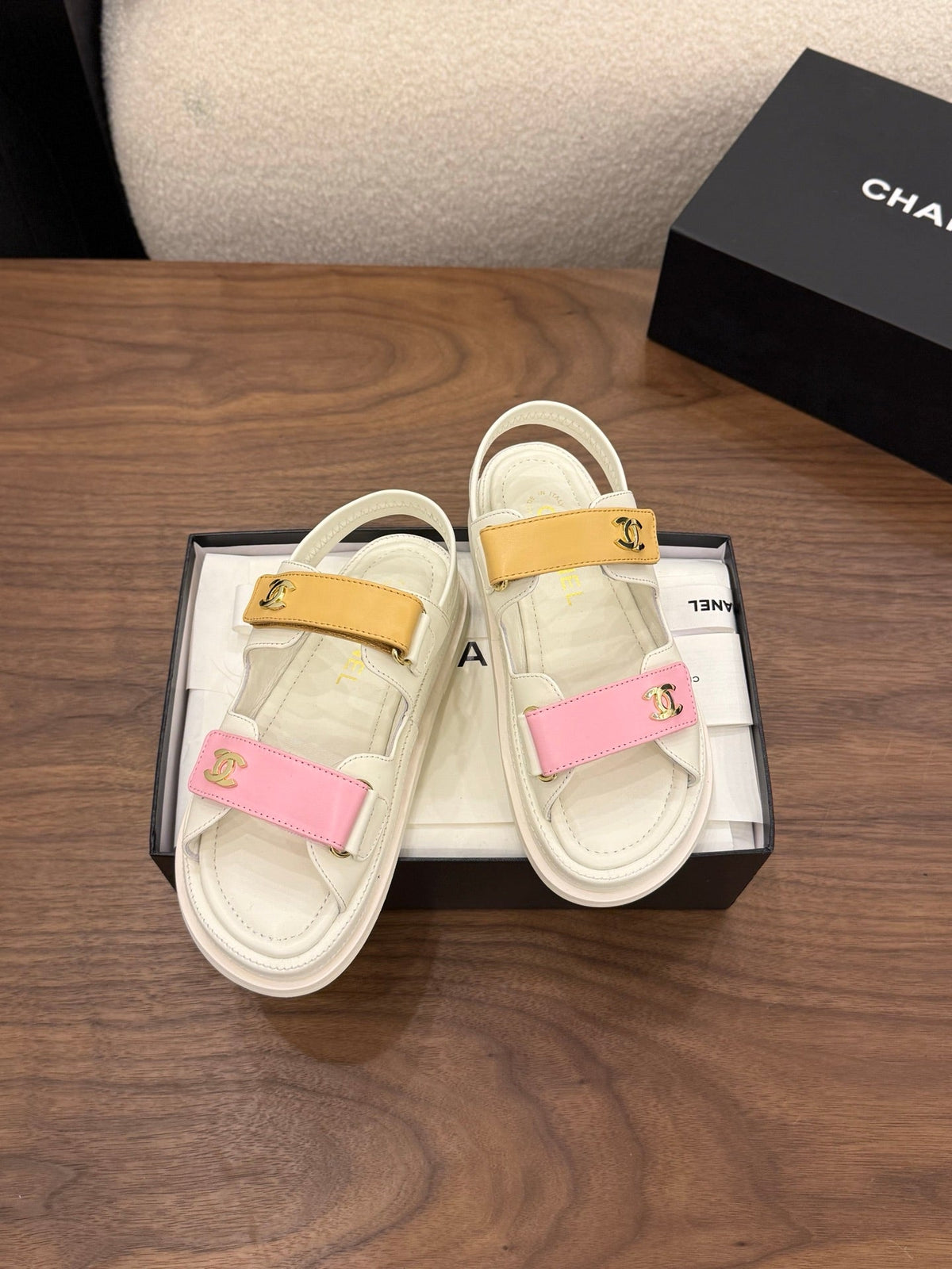 CC Dad Sandals White Pink Brown Calfskin 850576