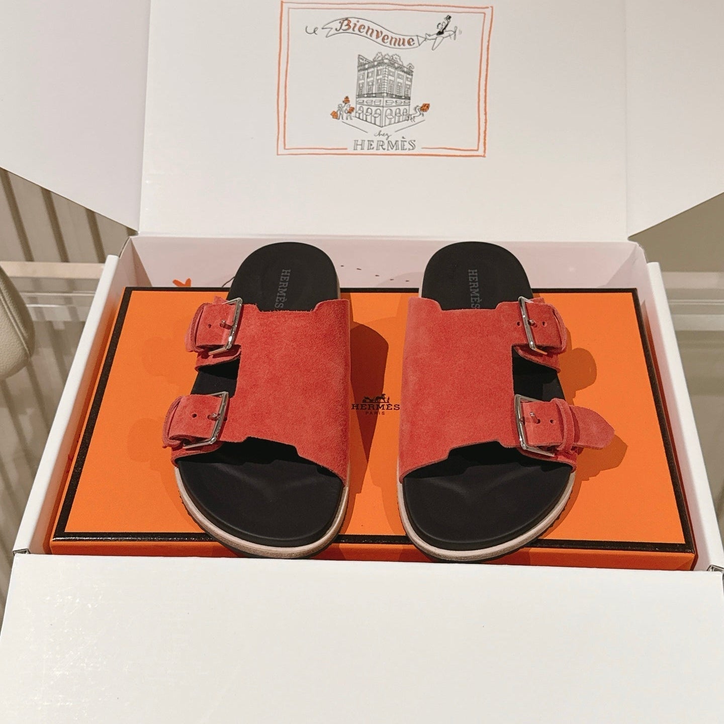 HM 26s Double Buckle Birkenstock Sandals Orange Suede 968907