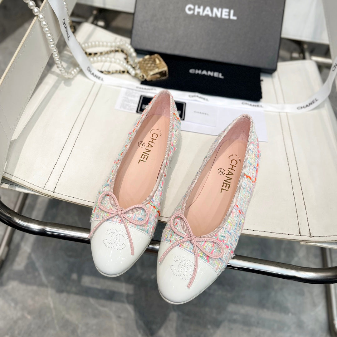 CC Bow Ballet Flats White Colorful Tweed Lambskin 818100