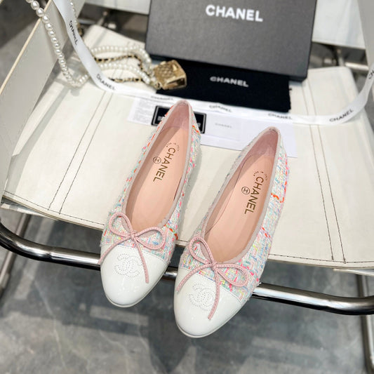 CC Bow Ballet Flats White Colorful Tweed Lambskin 818100