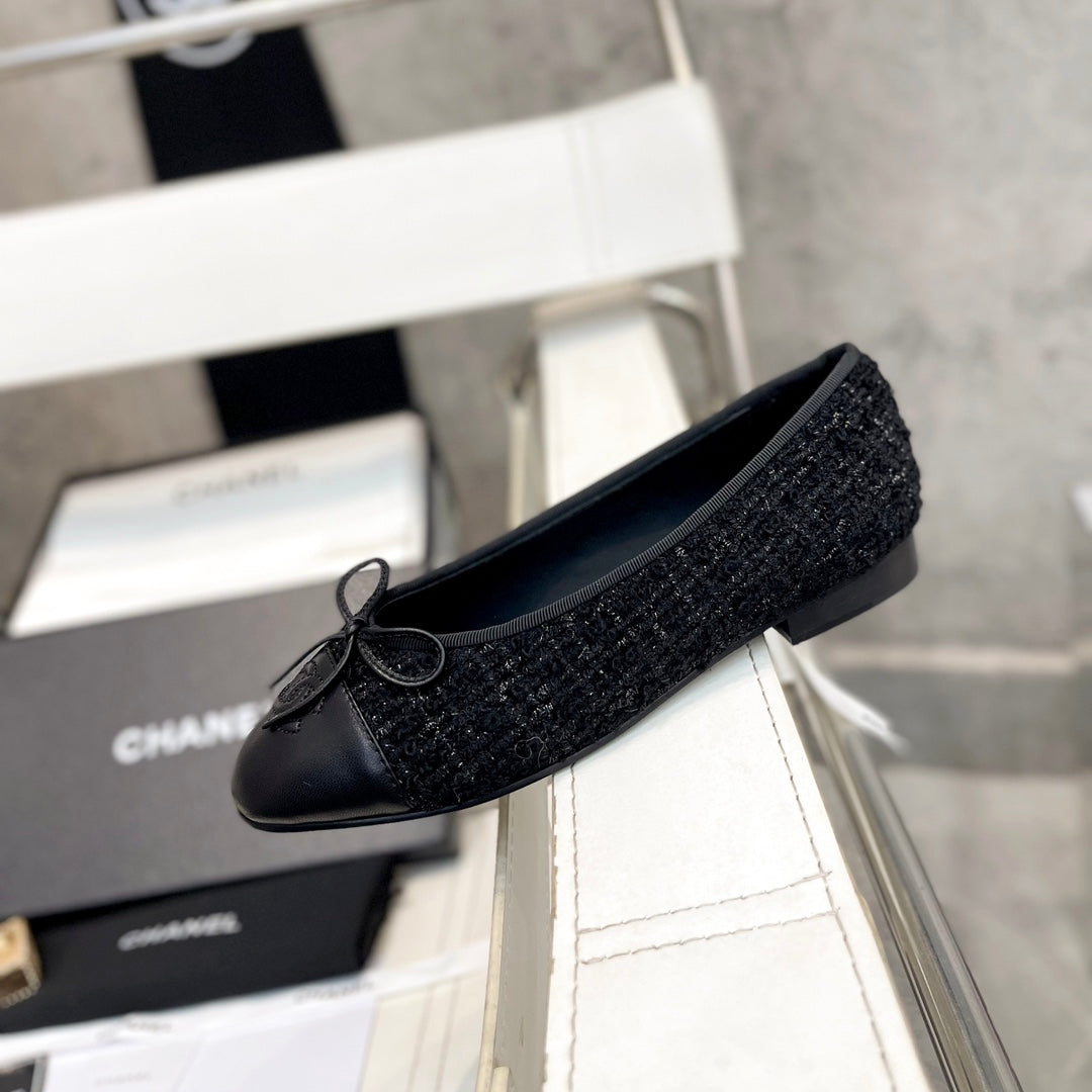 CC Bow Ballet Flats Black Tweed Lambskin 818101