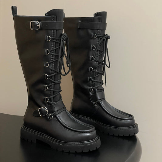 HM Lace Up Boots 25mm Belt Buckle Black Leather