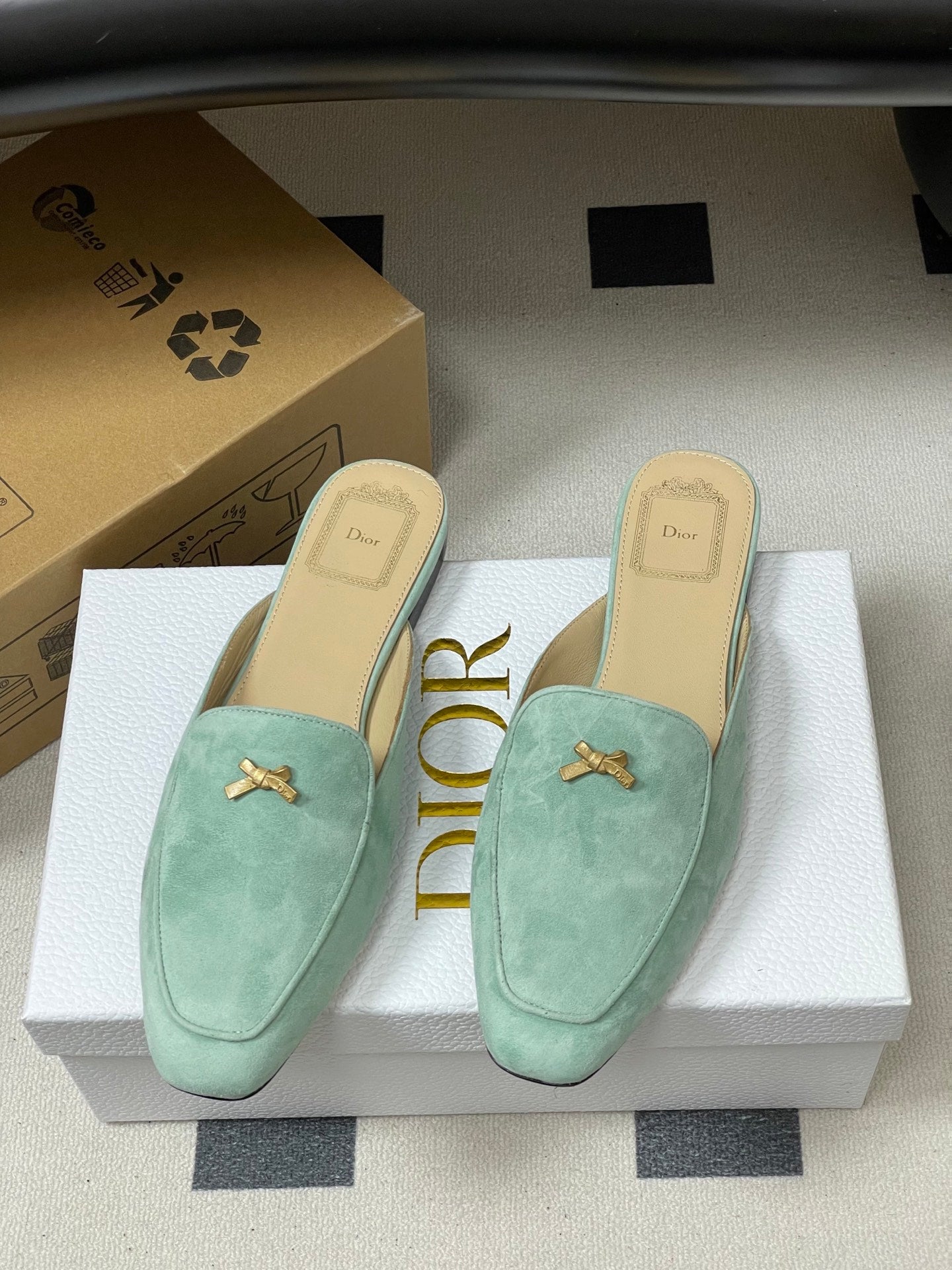 CD 26 Bow Mules Pastel Mint Green Suede Cowhide 632592
