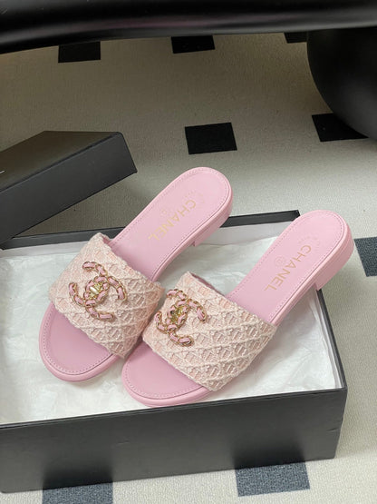CC 26s Flat Slippers Pink Fabric Sheepskin 649488