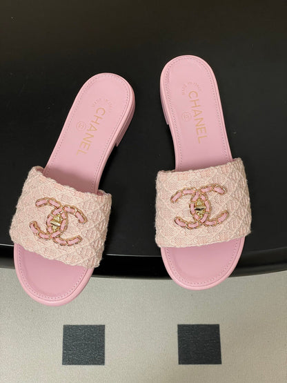 CC 26s Flat Slippers Pink Fabric Sheepskin 649488