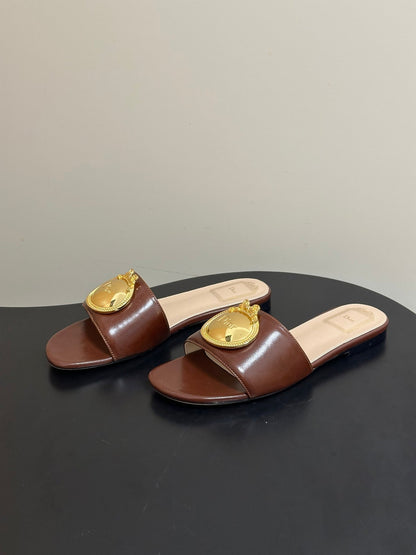 Dior 2026 D-Club Retro CD Letter Metal Buckle Flat Sandals Leather 846986
