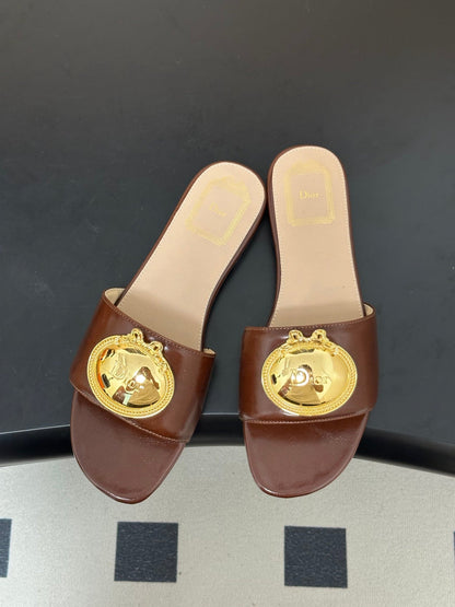 Dior 2026 D-Club Retro CD Letter Metal Buckle Flat Sandals Leather 846986