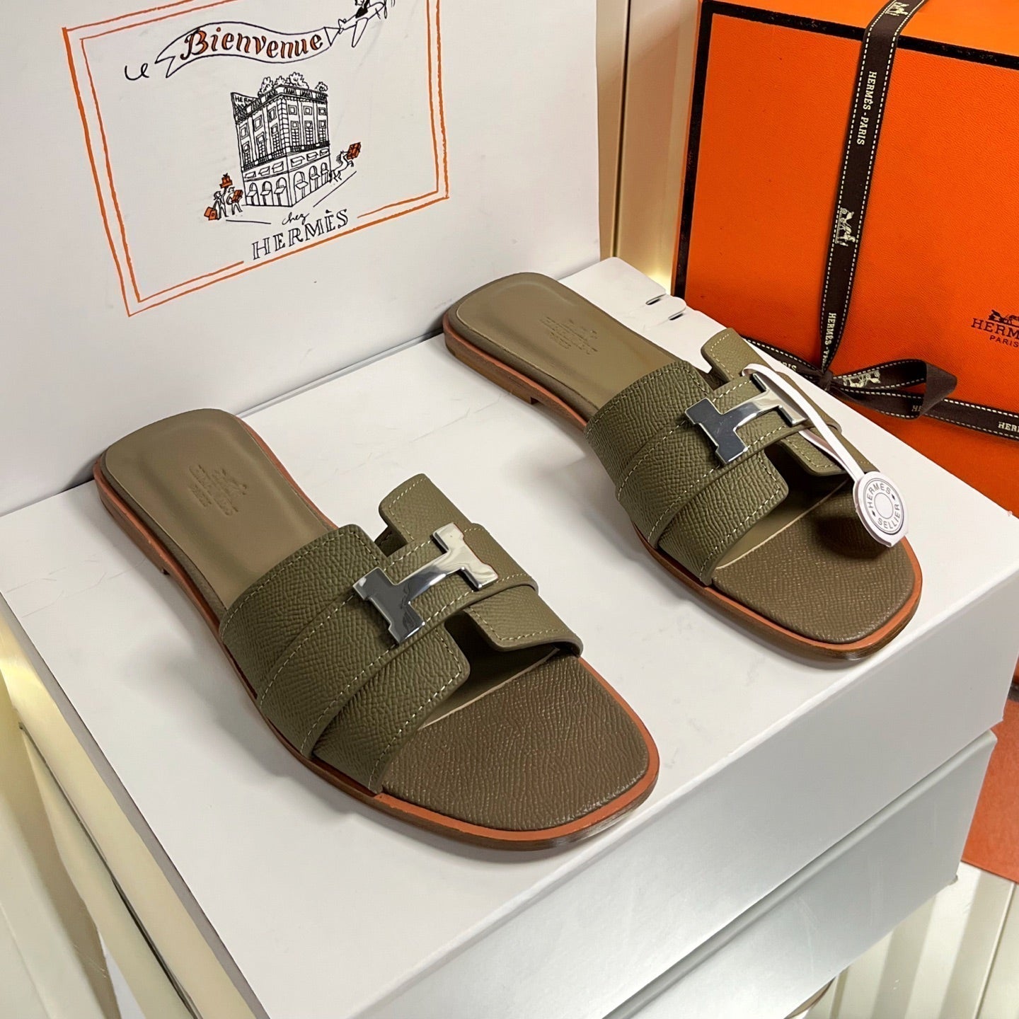 HM 26s Oran Sandals In Olive Brown Epsom Calfskin Silver Hardware