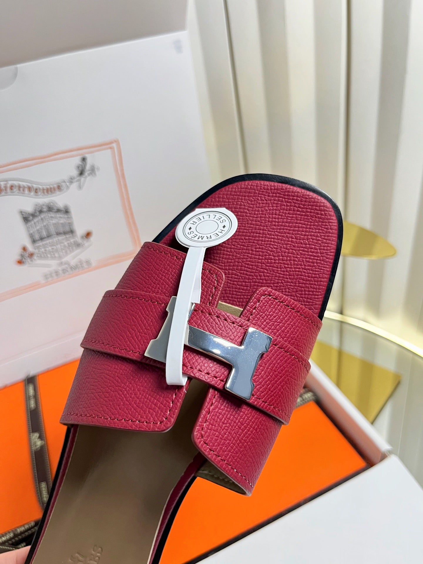 HM 26s Oran Sandals In Burgundy Red Epsom Calfskin Silver Hardware