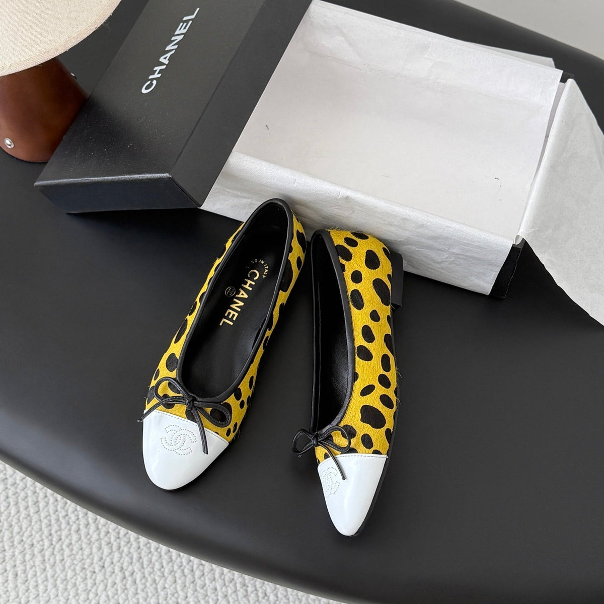 CC 26s Ballerina Flats Black Yellow Pony Hair Calfskin 914549