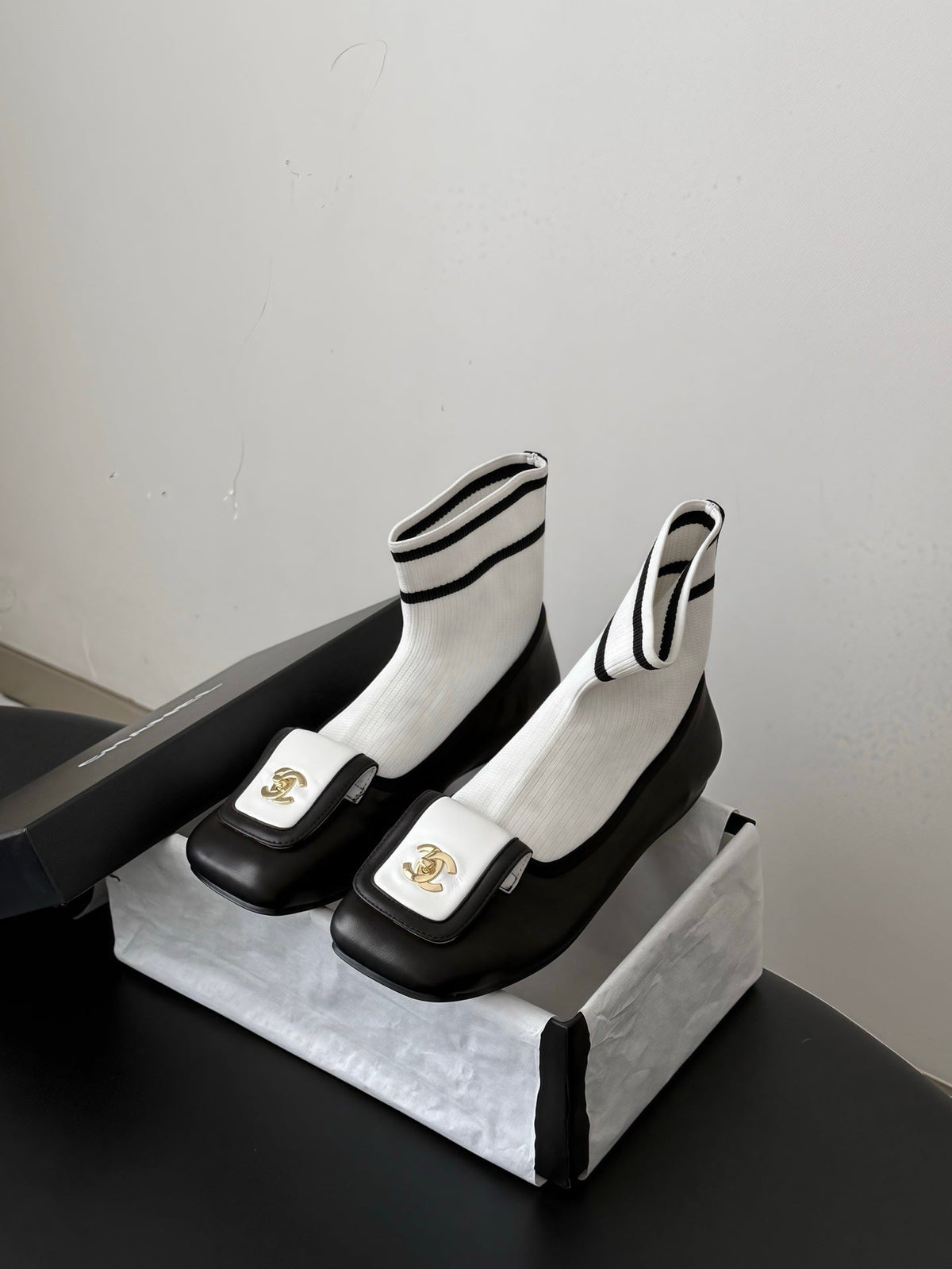 CC 26s Sock Boots Black White  Leather Cotton 969679