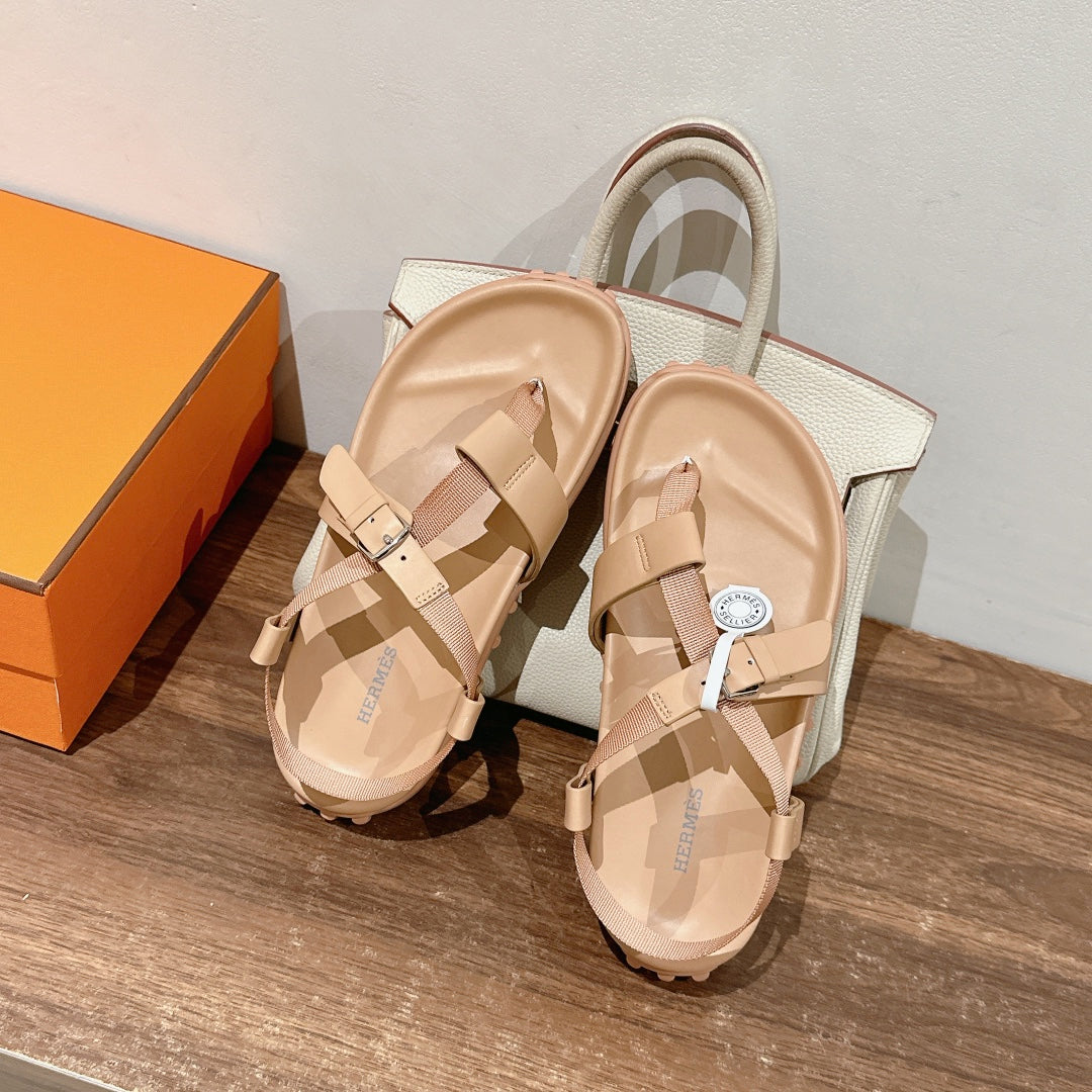 HM Inboard Sandals Beige Canvas Leather 849584
