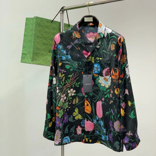 Gucci 2026 Flower Long-sleeved Shirt Black mix colors Silk 131813