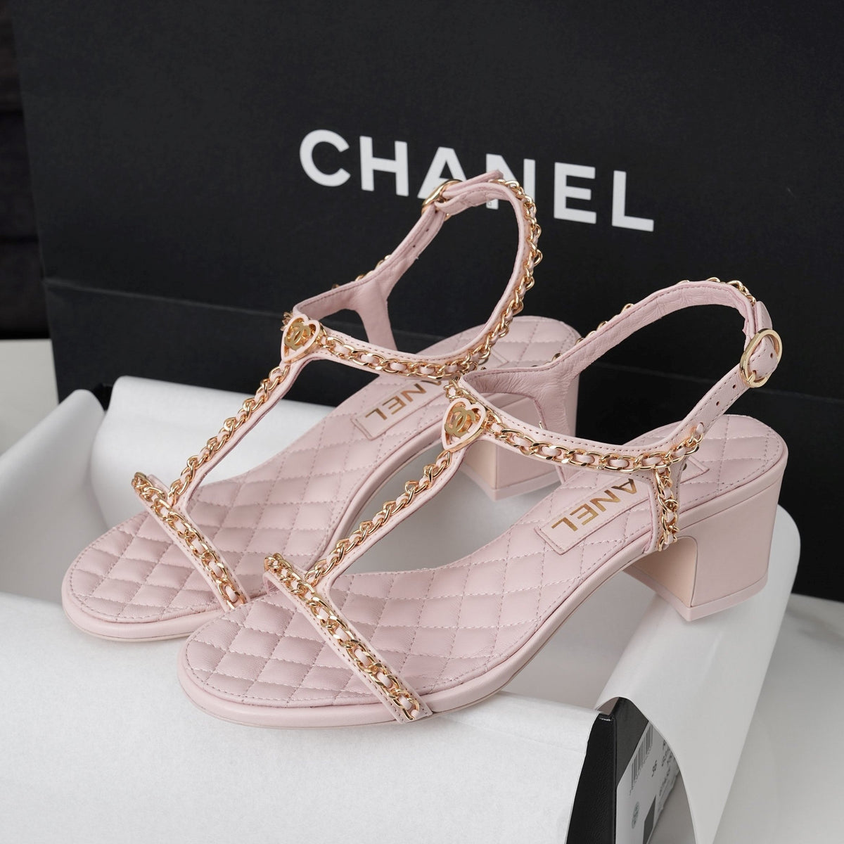 CC 26s Heart CC T-Strap Sandals Light Pink Quilted Leather 964933