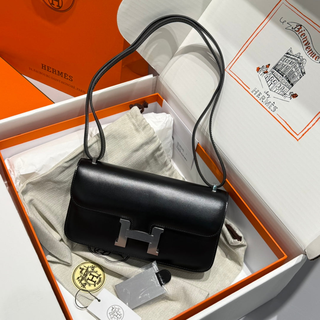 HM Constance Elan 24cm Bag Black Box Calfskin Silver Hardware