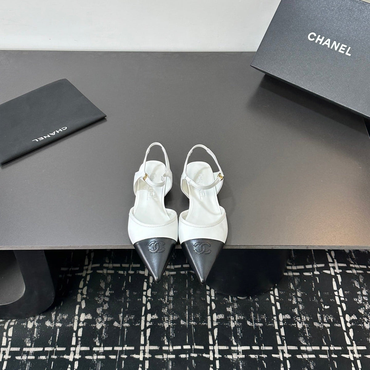 Chanel 26S Flat Slingback In White And Black Pointed-Toe Lambskin
