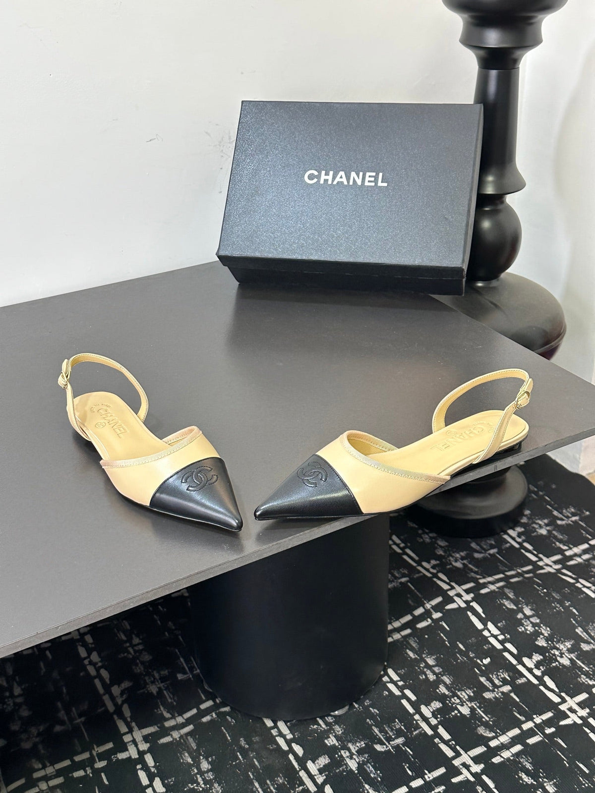Chanel 26S Pointed-Toe Slingbacks In Beige And Black Lambskin