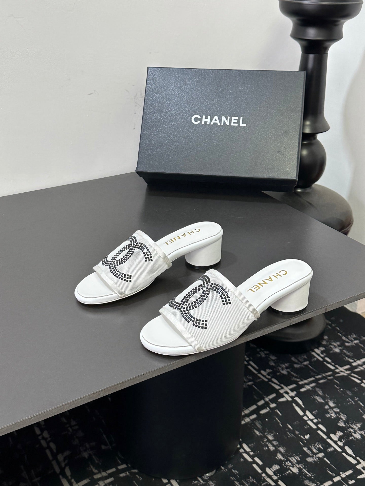 CC 2026 High Heel Slippers White Mesh Sheepskin 668154