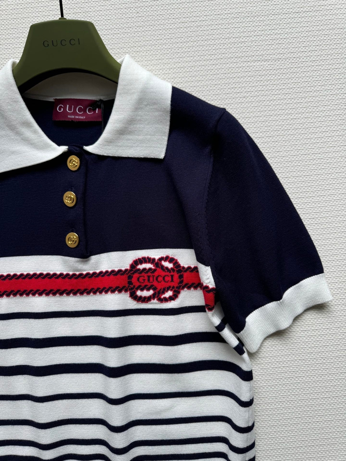 Gucci Striped Polo Knitted Top Dark Blue White Cotton