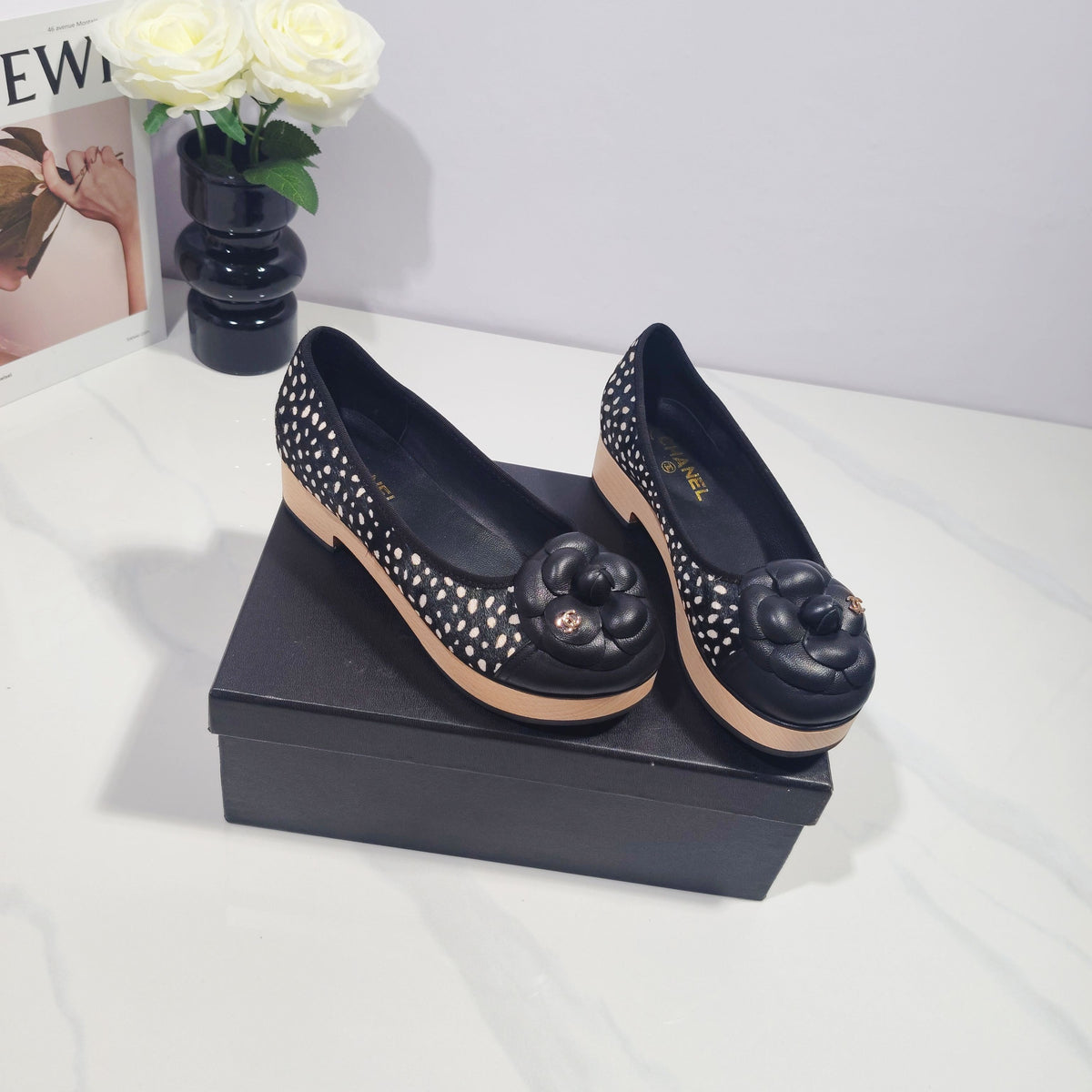 CC 26s Camellia Polka Dot Platform Shoes Black Horsehair 104254