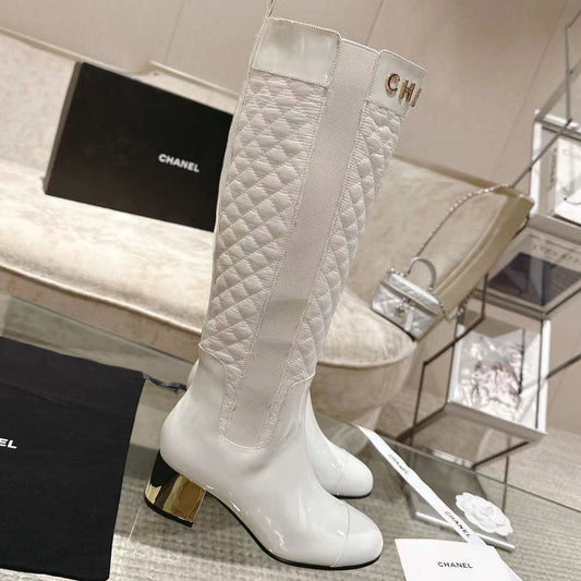 CC 26S Quilted Jumping Boots 5.5cm White Patent Leather Nylon 117684