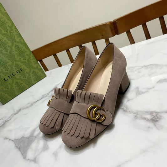 GG 26SS Chunky Heel Pump 50 Taupe Patent Leather 640555