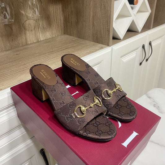 GG 26SS Chunky Heeled Sandals 65 Dark Brown Canvas Leather 640623