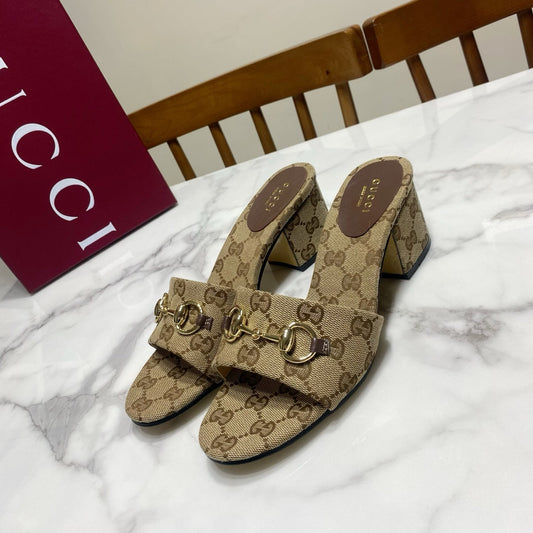 GG 26SS Chunky Heeled Sandals 65 Beige Brown Canvas Leather 640622