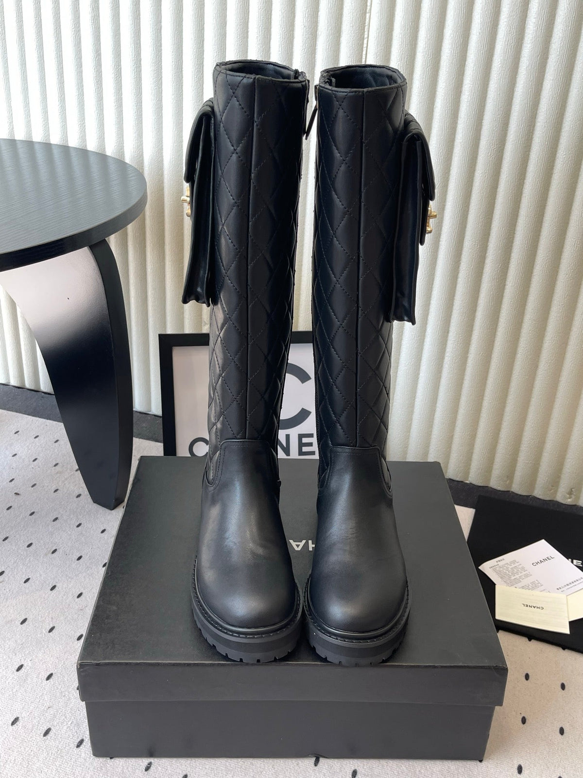 CC 26s Pouch Quilted Knee Boots 3cm Black Leather 105715