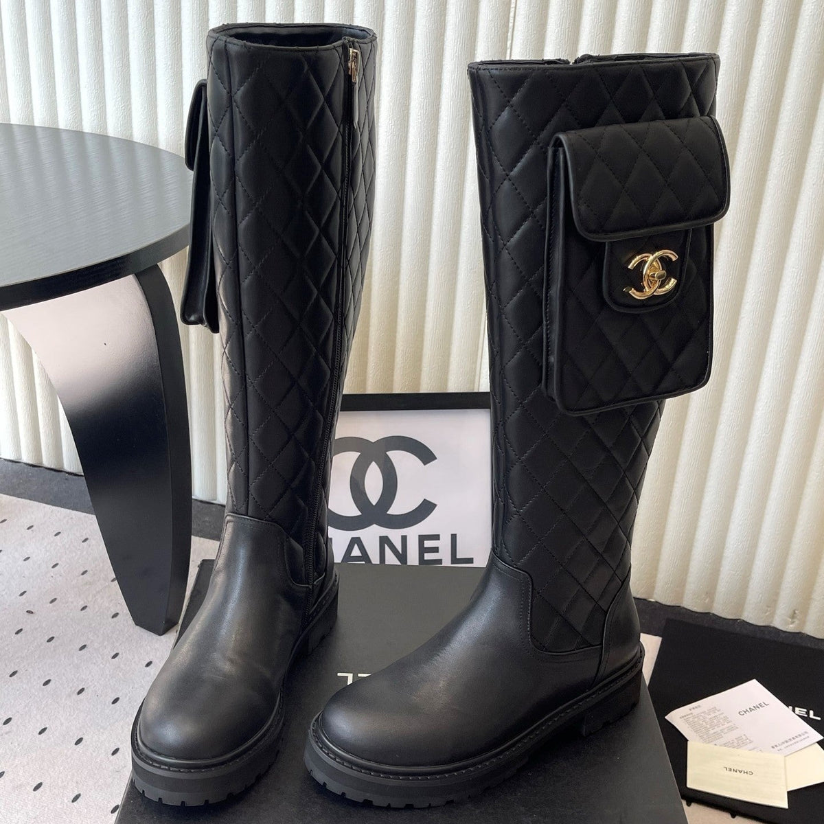 CC 26s Pouch Quilted Knee Boots 3cm Black Leather 105715
