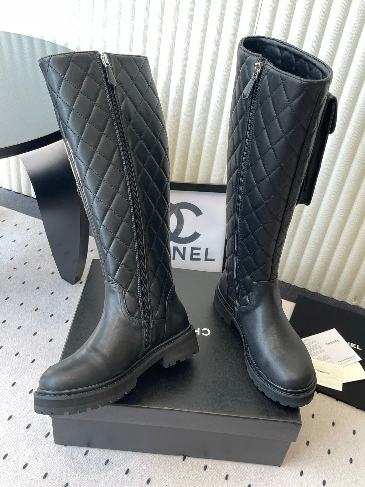 CC 26s Pouch Quilted Knee Boots 3cm Black Leather 105715