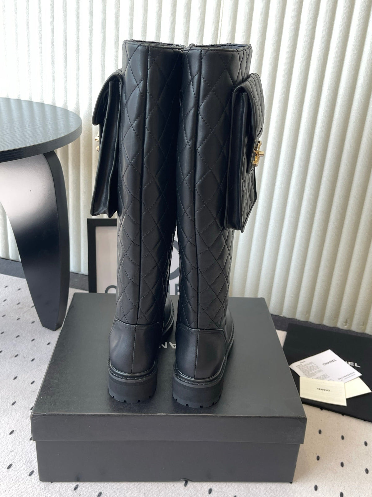 CC 26s Pouch Quilted Knee Boots 3cm Black Leather 105715