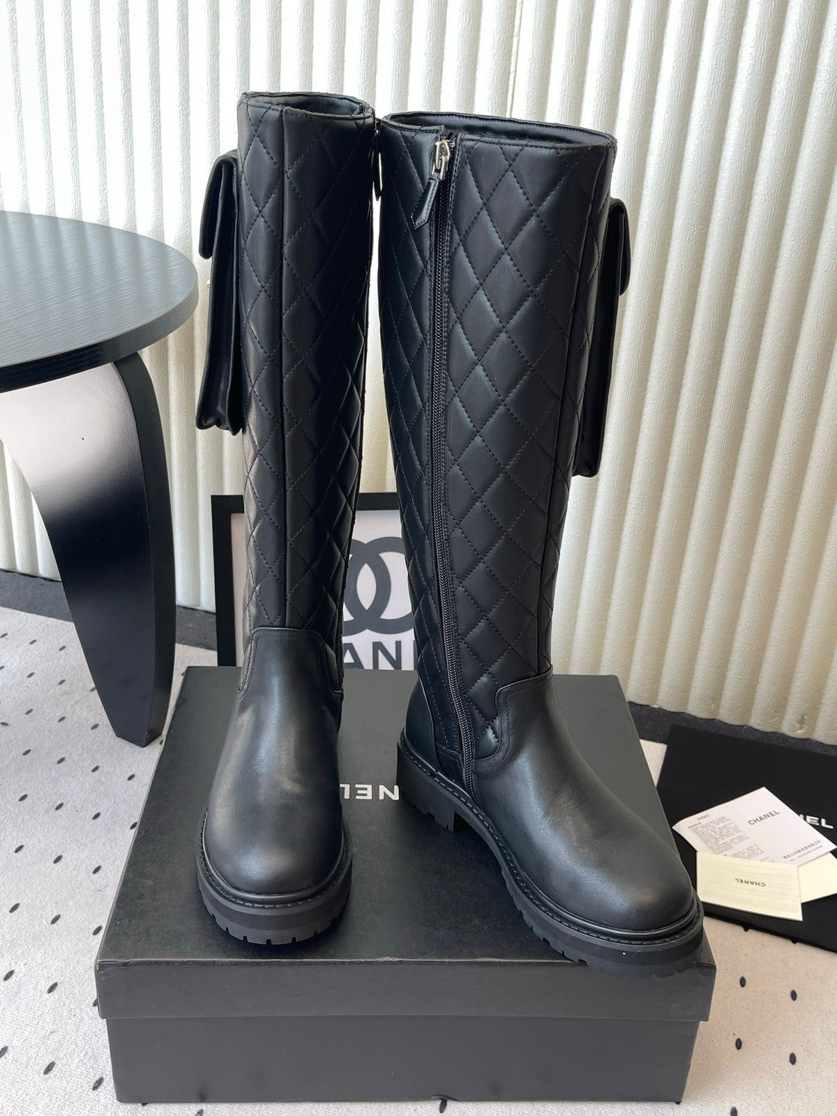 CC 26s Pouch Quilted Knee Boots 3cm Black Leather 105715